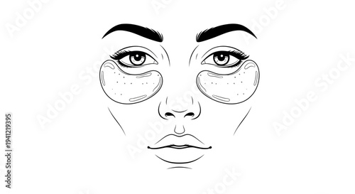 Detailed line art illustration of a woman's face with refreshing under-eye patches for a modern