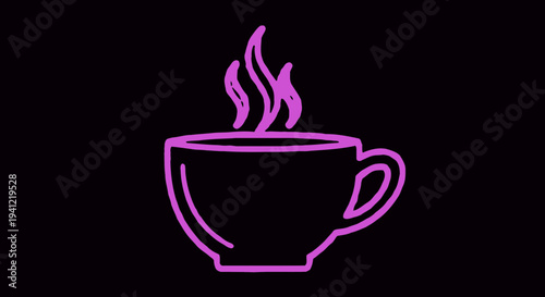 Minimalist purple line art illustration of a steaming hot beverage cup on a dark background