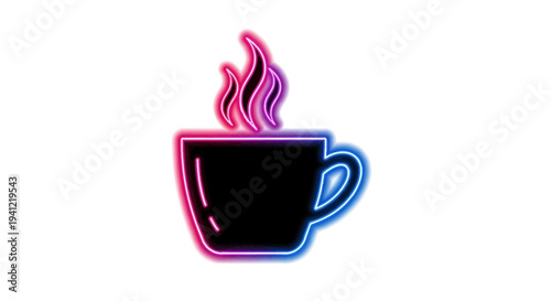 Stylized coffee cup icon featuring captivating pink and blue neon glow with rising steam