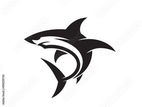 Stylized black shark graphic icon, abstract marine predator design, powerful ocean symbol