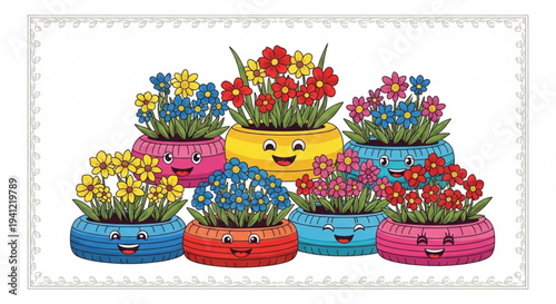 Colorful cartoon potted flowers in painted tires on white background with smiling faces