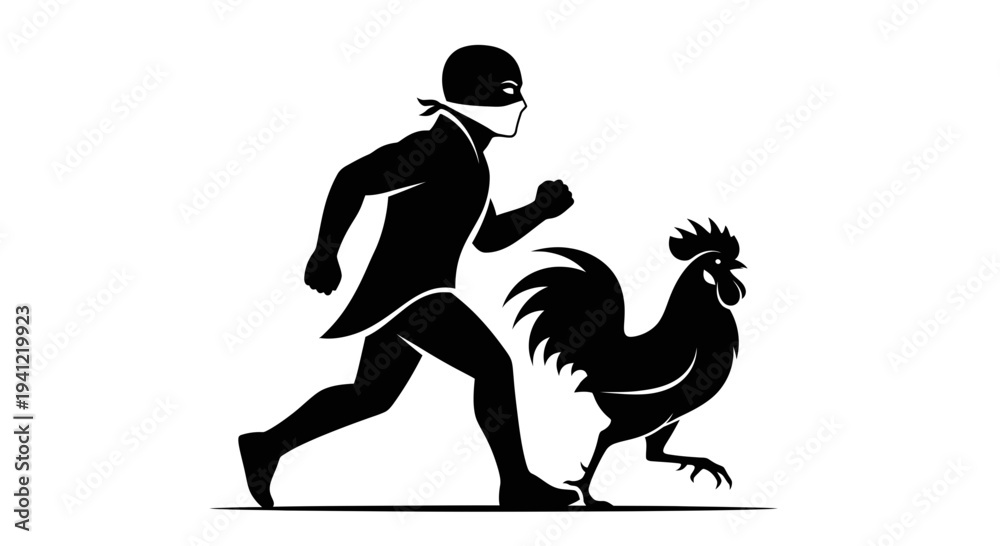 Fototapeta premium Thief in disguise running with a rooster, symbol of stealth and quick escape
