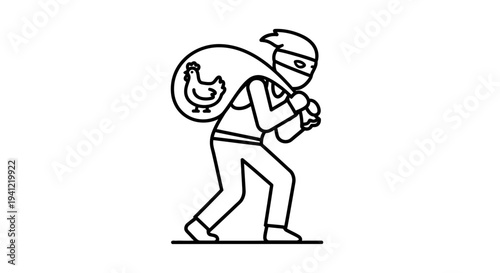 Thief carrying sack with chicken, cartoon illustration