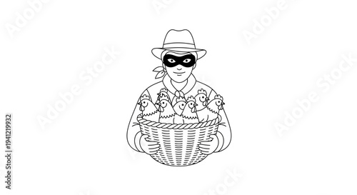 Thief in disguise carrying a basket full of chickens, isolated on white background, illustration