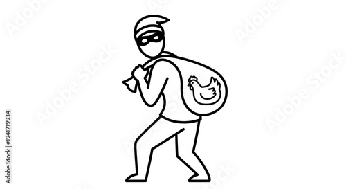 Thief carrying sack with chicken illustration, cartoon style, crime concept