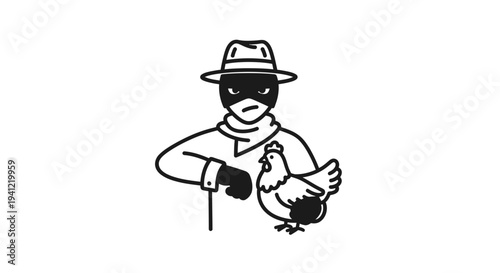 Thief in disguise stealing a chicken, cartoon illustration