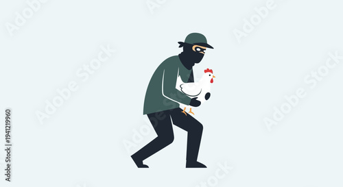 Thief in mask stealing a chicken, funny cartoon illustration