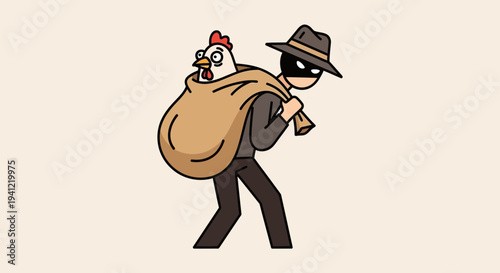 Thief Stealing Chicken in Sack, Funny Cartoon Bandit with Bird on Shoulder