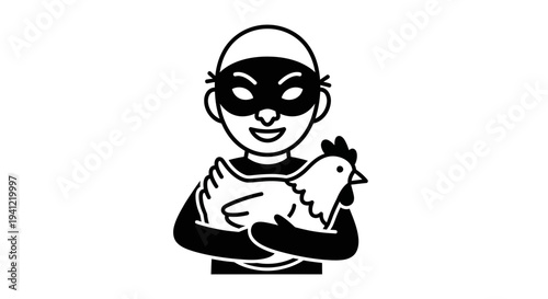 Thief wearing mask stealing a chicken, funny concept, isolated on white background
