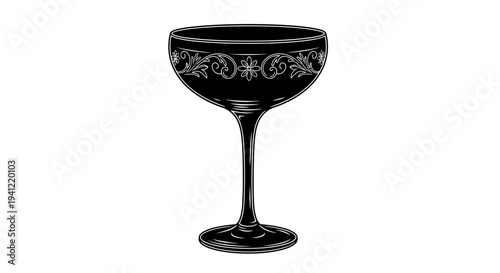 Vintage Coupe Glass with Ornate Engraving, Black and White Illustration