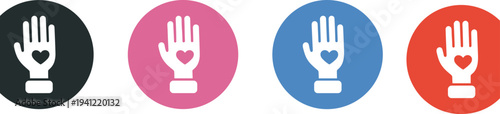 Helping hand with heart icon set symbolizing charity, care, love, support, volunteering, kindness, donation, community help concept