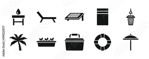 Collection of monochrome icons depicting beach and travel elements, including furniture and accessories, in a simple graphic style