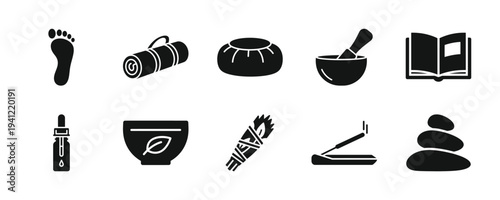 Spa icons collection featuring wellness symbols, massage, and relaxation elements isolated on a clean background.