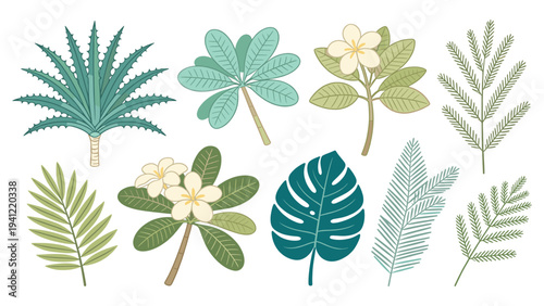 A comprehensive collection of diverse tropical foliage elements, featuring exotic leaves and blooming flowers set