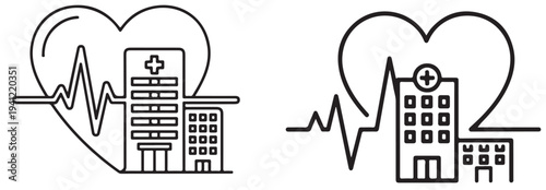 A medical illustration of a hospital with a heart rate line