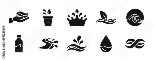 Collection of black icons representing environmental elements and symbols on a clean background viewed from a straightforward perspective.