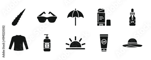 Collection of summer accessories and apparel icons displayed together on a clean background, Bundle_(48).eps