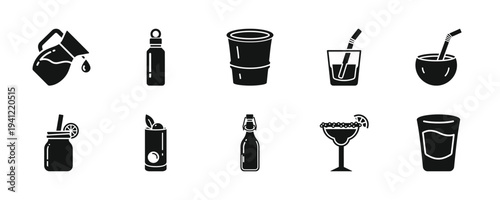 Collection of black and white cocktail icons featuring mixers, shakers, and glasses, showcasing bar tools and drinkware, in a flat design style.