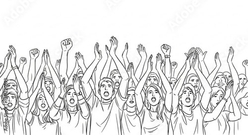 Diverse crowd of people cheering with raised fists and arms in excitement and celebration on white background