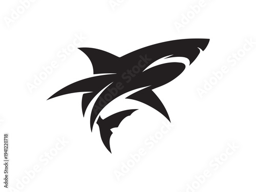 Stylized black shark graphic icon, abstract marine predator design, powerful ocean symbol