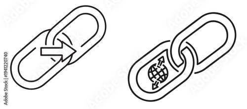 A simple line drawing of two linked paperclips with a globe