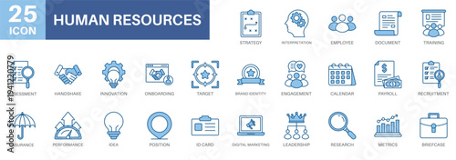 human resources icon set, employee, handshake,engagement,recruitment, and brand identity. Simple vector symbols for strategy and development