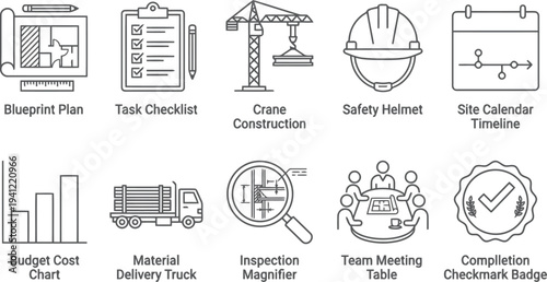 Construction Project Management Icons Set, Line Style, Business and Engineering Tools