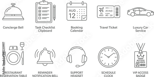 Hotel Service Icons Set, Concierge Desk, Travel Checklist, Booking Calendar