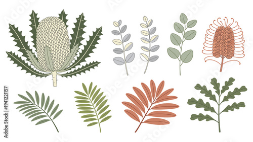 A versatile vector collection of various tropical foliage elements and exotic flowers, ideal for diverse botanical design projects