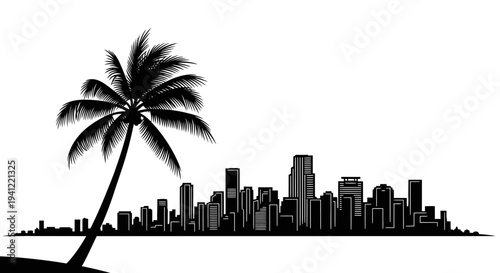 Silhouette of a tropical city skyline with a palm tree on a beach