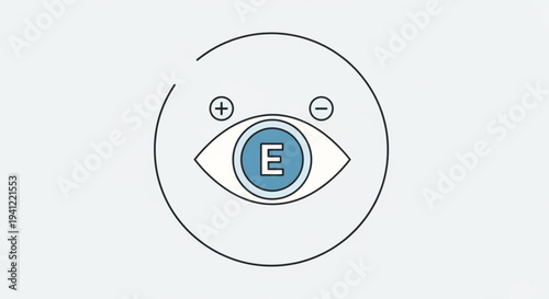 Stylized eye icon with zoom controls and letter e on blue background symbolizing focus and vision in digital interfaces