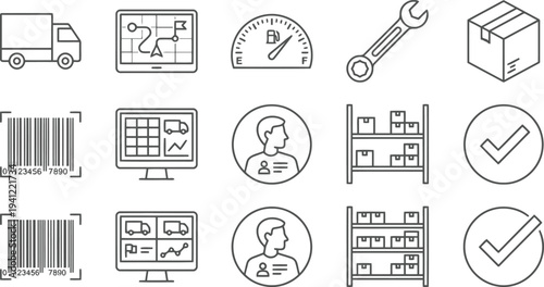 Logistics and business icons set, delivery, management, and industry symbols