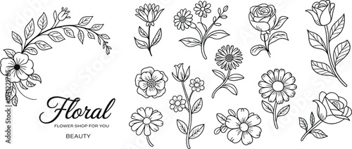 Black and white floral with text floral flower shop for you beauty floral flowers leaves botanical line floral shop