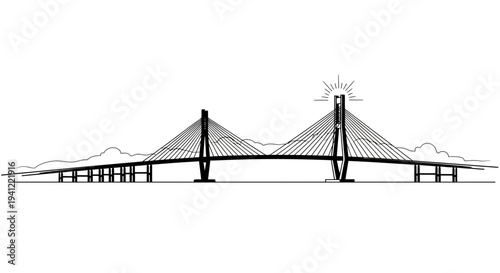 Modern Cable-Stayed Bridge Silhouette at Sunrise with Sun Rays