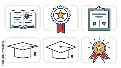 Graduation icons set with awards and certificates