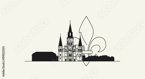 New Orleans Skyline Silhouette with Fleur de Lis and St. Louis Cathedral