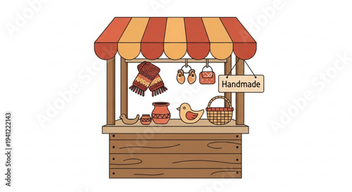 Handmade goods market stall with colorful awning and various crafts on display for sale