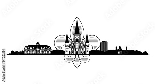 New Orleans Skyline Silhouette with Fleur-de-lis Emblem
