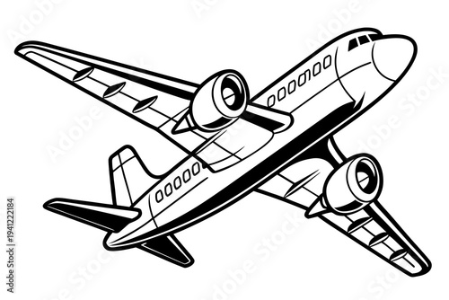 Airplane Coloring Book Page Vector Illustration – Black White Bold Line Art, Printable A4, SVG Style, Isolated on White Background