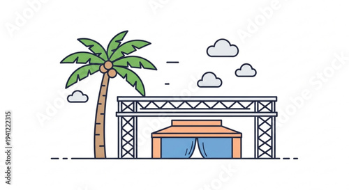Beachside hut under a palm tree with a gazebo structure sunny tropical vacation background with blue curtains and green leaves