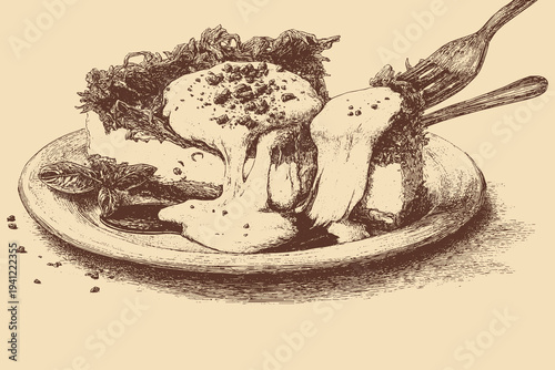 Kunefe dessert plate illustration in a vintage style. This vector illustration can be used in any size you like for advertising, logos, and other work.
