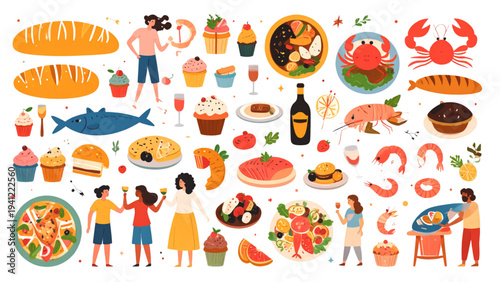 Food elements illustration set with bread cupcakes fish crab shrimp bakery and seafood items flat vector design