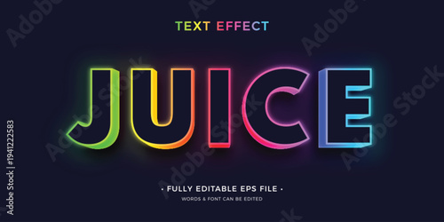 Editable text style effect with a neon shine word 'JUICE' on a dark background