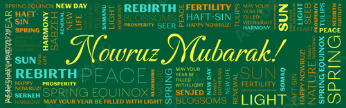 Nowruz Mubarak Typography Background – Persian New Year Greeting, Spring Equinox Celebration, Colorful Haft Sin Inspired Design
