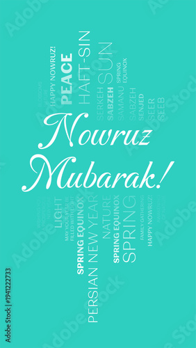 Nowruz Mubarak Typography Background – Persian New Year Greeting, Spring Equinox Celebration, Colorful Haft Sin Inspired Design