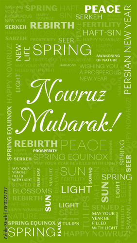 Nowruz Mubarak Typography Background – Persian New Year Greeting, Spring Equinox Celebration, Colorful Haft Sin Inspired Design