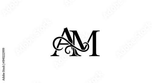 Elegant AM monogram logo design. Decorative black and white initial art, perfect for luxury branding, wedding invitations, and personal identity.