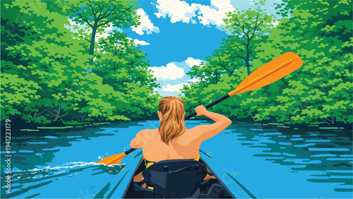 Kayak Paddling River Outdoor Vector EPS