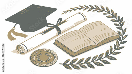 Academic achievement symbols including graduation cap and diploma