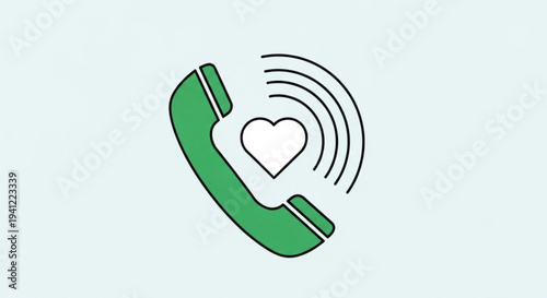 Green phone with heart symbol and signal waves on light background representing love or care hotline